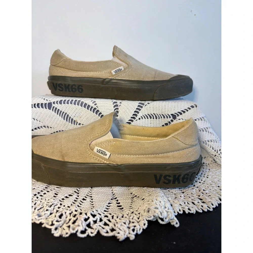 Vans Slip-On VSK66 Tan Khaki Canvas Sneakers Olive Green Sole Mens 7.5 Womens 9